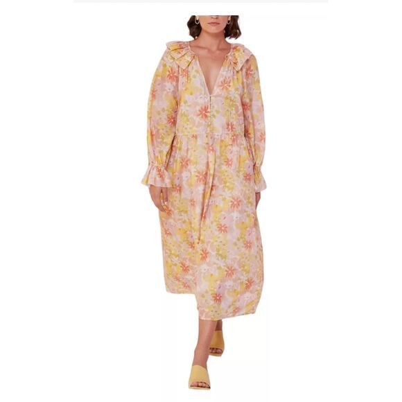 Magali Pascal Elainne Floral Bloom Long Sleeve V-Neck Silk Midi Dress Sz S - Picture 1 of 15